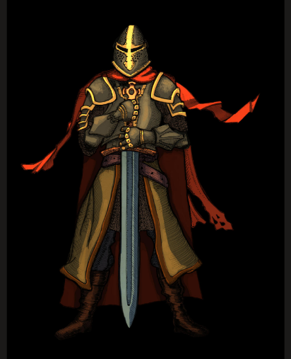 An illustrated knight in dark armour with gold trim and a red cloak, representing Reeve